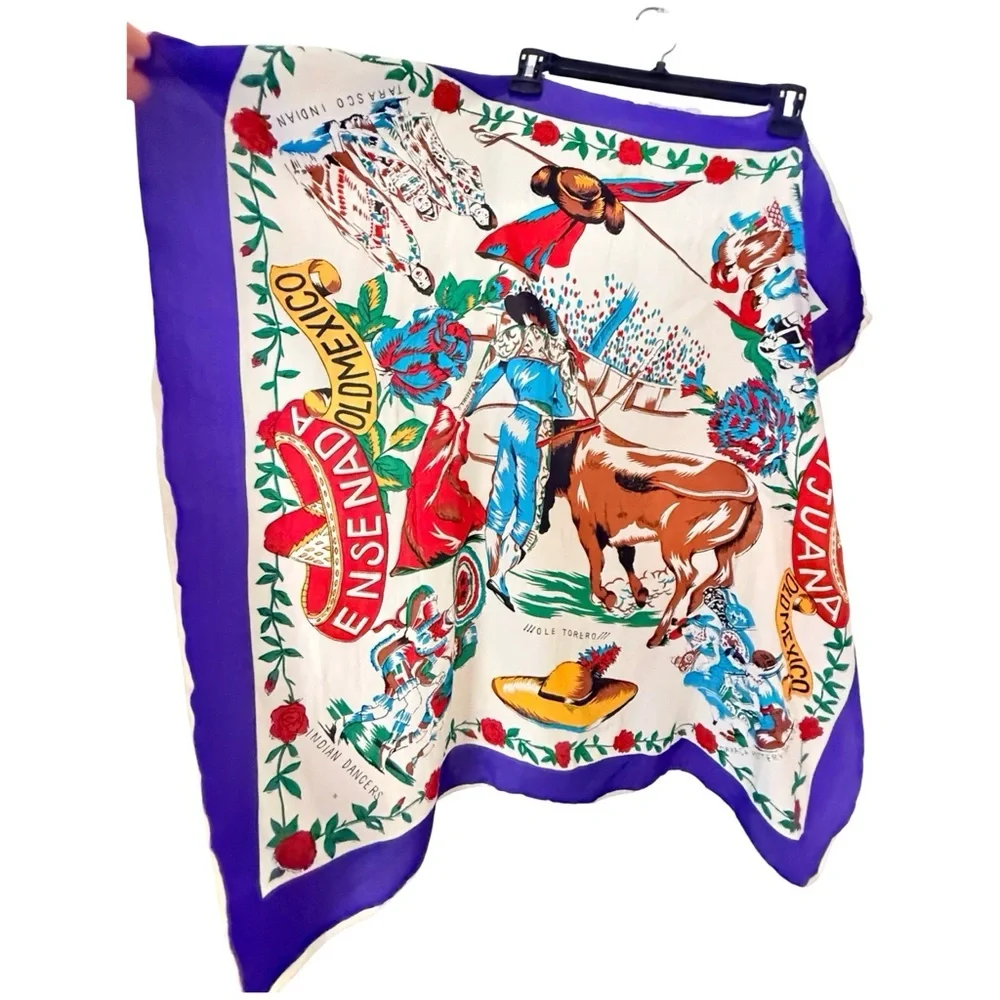 Vintage Souvenir Glitter Scarf Mexico Matador Bullfighting Print 35x35” RARE